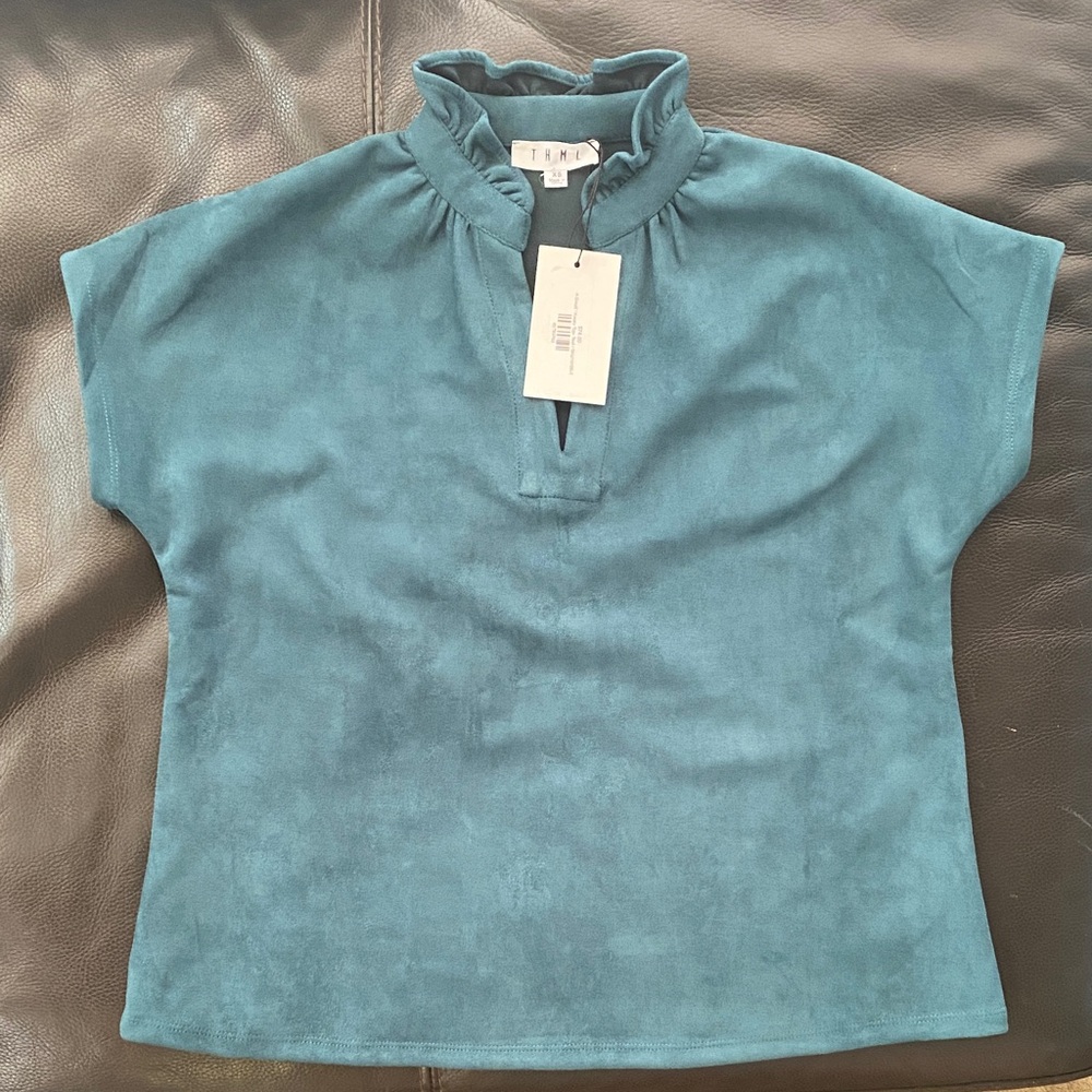 Teal Ruffled Collar Women's Top